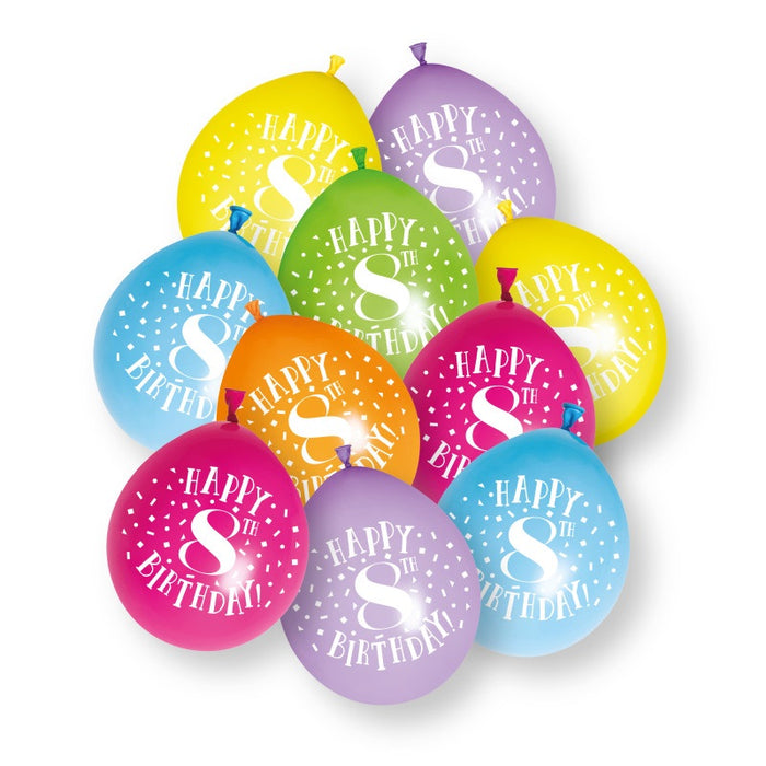 10 Pack Happy 8th Birthday 9" Latex Balloons