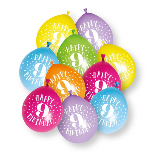10 Pack Happy 9th Birthday 9" Latex Balloons
