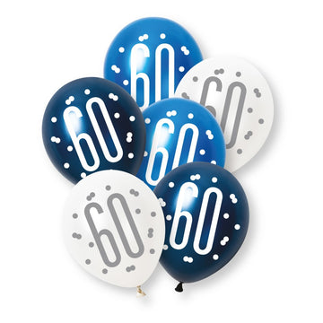 6 Pack Glitz Blue Number 60 Pearl Premium 12" Latex Balloons (Optional Helium Inflation)