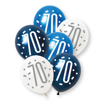 6 Pack Glitz Blue Number 70 Pearl Premium 12" Latex Balloons (Optional Helium Inflation)