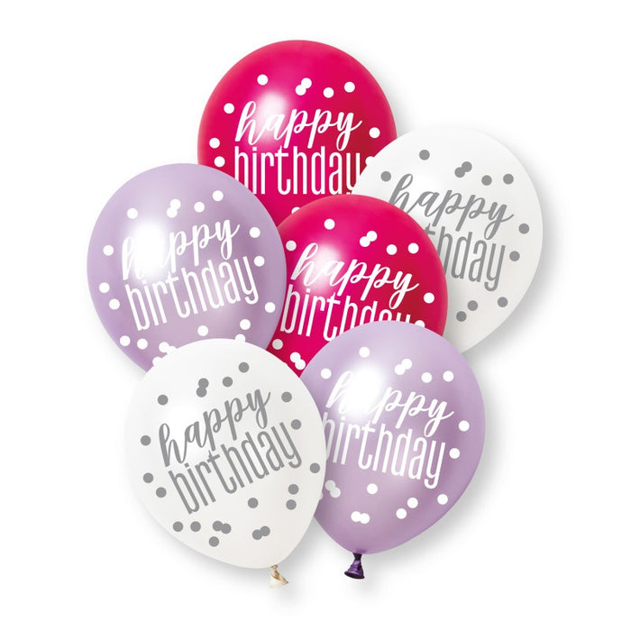6 Pack Glitz Pink Happy Birthday Pearl Premium 12" Latex Balloons (Optional Helium Inflation)