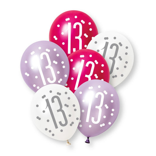 6 Pack Glitz Pink Number 13 Pearl Premium 12" Latex Balloons (Optional Helium Inflation)