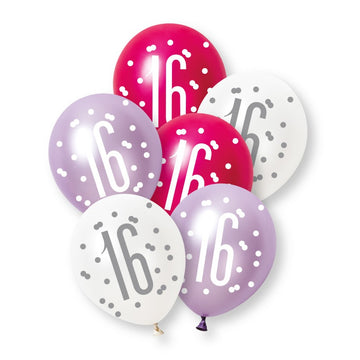 6 Pack Glitz Pink Number 16 Pearl Premium 12" Latex Balloons (Optional Helium Inflation)