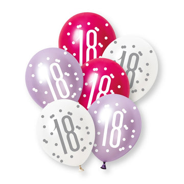 6 Pack Glitz Pink Number 18 Pearl Premium 12" Latex Balloons (Optional Helium Inflation)