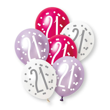 6 Pack Glitz Pink Number 21 Pearl Premium 12" Latex Balloons (Optional Helium Inflation)