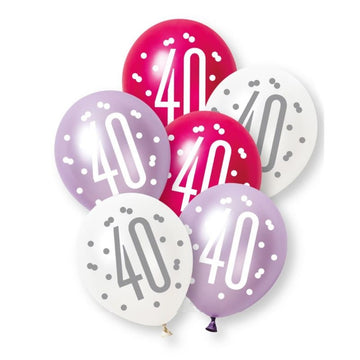 6 Pack Glitz Pink Number 40 Pearl Premium 12" Latex Balloons (Optional Helium Inflation)