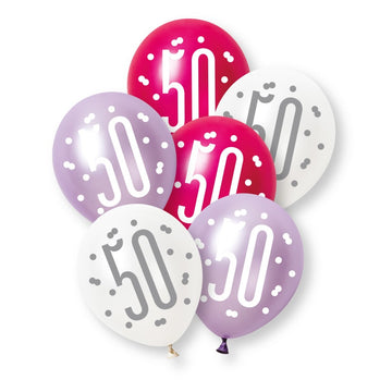 6 Pack Glitz Pink Number 50 Pearl Premium 12" Latex Balloons (Optional Helium Inflation)
