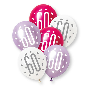 6 Pack Glitz Pink Number 60 Pearl Premium 12" Latex Balloons (Optional Helium Inflation)