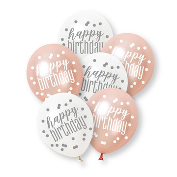 6 Pack Glitz Rose Gold Happy Birthday Assorted Platinum & Pearl Premium 12" Latex Balloons (Optional Helium Inflation)
