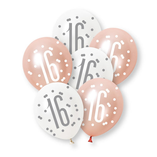6 Pack Glitz Rose Gold Number 16 Assorted Platinum & Pearl Premium 12" Latex Balloons (Optional Helium Inflation)