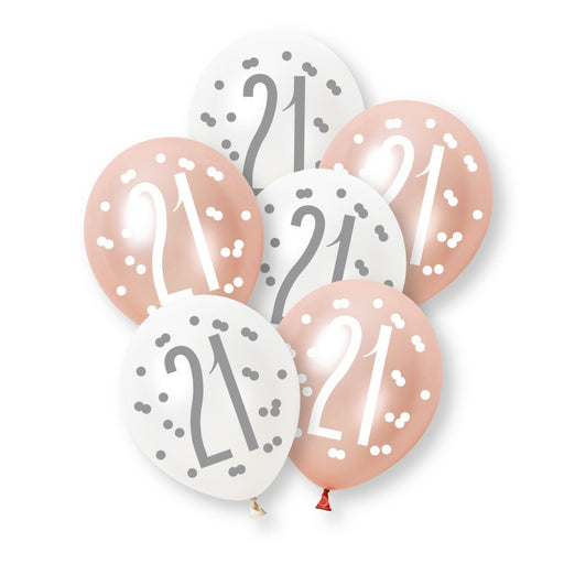 6 Pack Glitz Rose Gold Number 21 Assorted Platinum & Pearl Premium 12" Latex Balloons (Optional Helium Inflation)