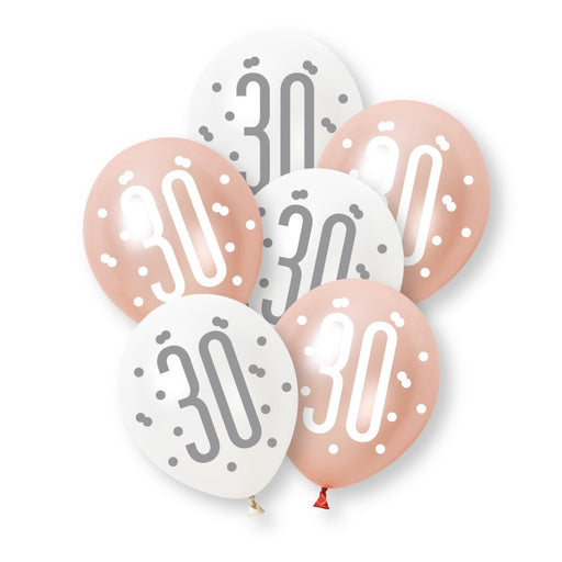 6 Pack Glitz Rose Gold Number 30 Assorted Platinum & Pearl Premium 12" Latex Balloons (Optional Helium Inflation)
