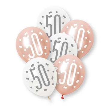 6 Pack Glitz Rose Gold Number 50 Assorted Platinum & Pearl Premium 12" Latex Balloons (Optional Helium Inflation)