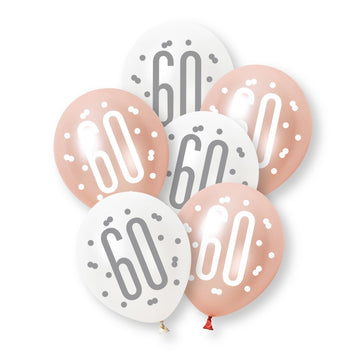 6 Pack Glitz Rose Gold Number 60 Assorted Platinum & Pearl Premium 12" Latex Balloons (Optional Helium Inflation)
