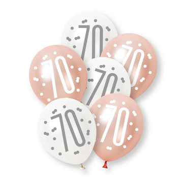 6 Pack Glitz Rose Gold Number 70 Assorted Platinum & Pearl Premium 12" Latex Balloons (Optional Helium Inflation)