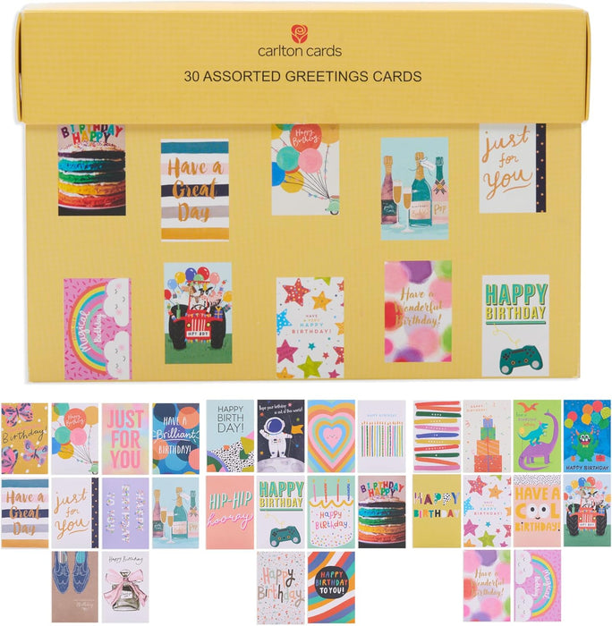 UK Greetings Multipack of 30 Assorted Birthday Cards for Him/Her/Kids - Bright Designs - Includes Keepsake Box