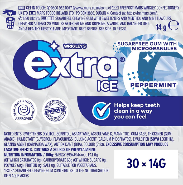 Wrigley's Extra Ice Chewing Gum, Ice Peppermint Flavour with Microgranules, 30 Packs of 10 Pieces, Sugar Free Bulk Pack Gum with Xylitol (300 pieces)
