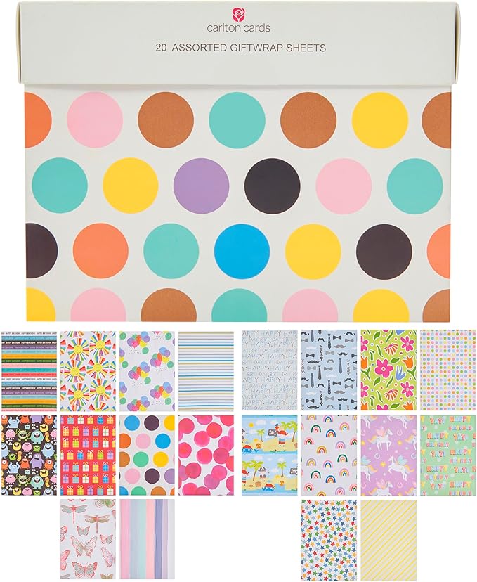 UK Greetings Multipack of 20 Assorted Gift Wrap Sheets - for Birthdays and Other Events - Includes Keepsake Box