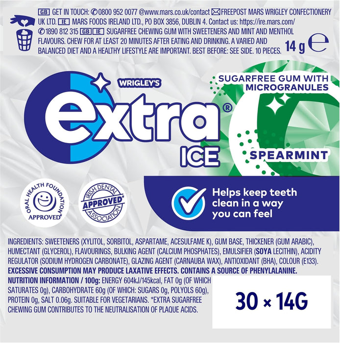 Wrigley's Extra Ice Chewing Gum, Ice Spearmint Flavour with Microgranules, 30 Packs of 10 Pieces, Sugar Free Bulk Pack Gum with Xylitol (300 pieces))