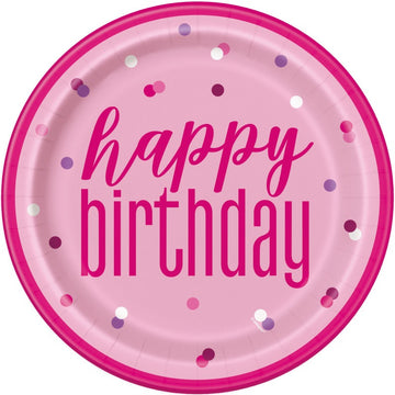 Glitz Pink & Silver "Happy Birthday" 9" Plates 8 Pack