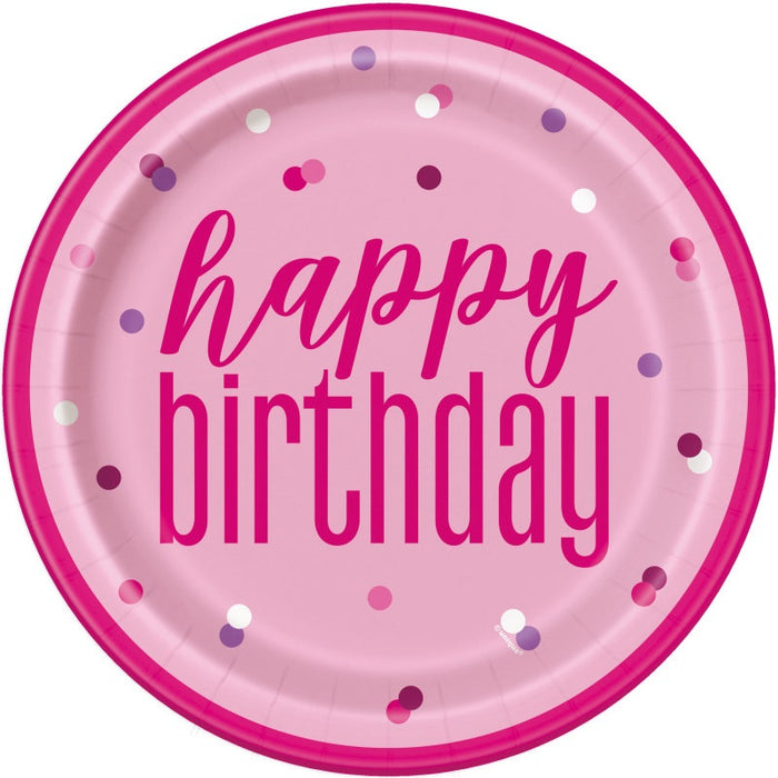 Glitz Pink & Silver "Happy Birthday" 9" Plates 8 Pack