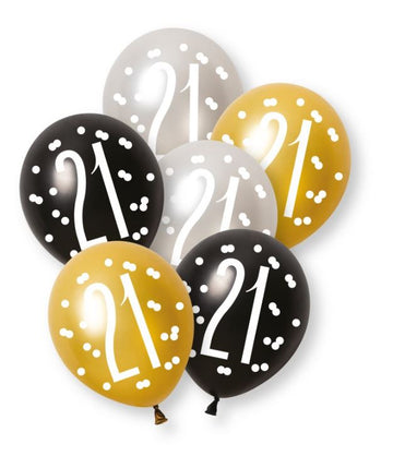 21 Birthday Glitz Black Gold Silver Balloons x 6