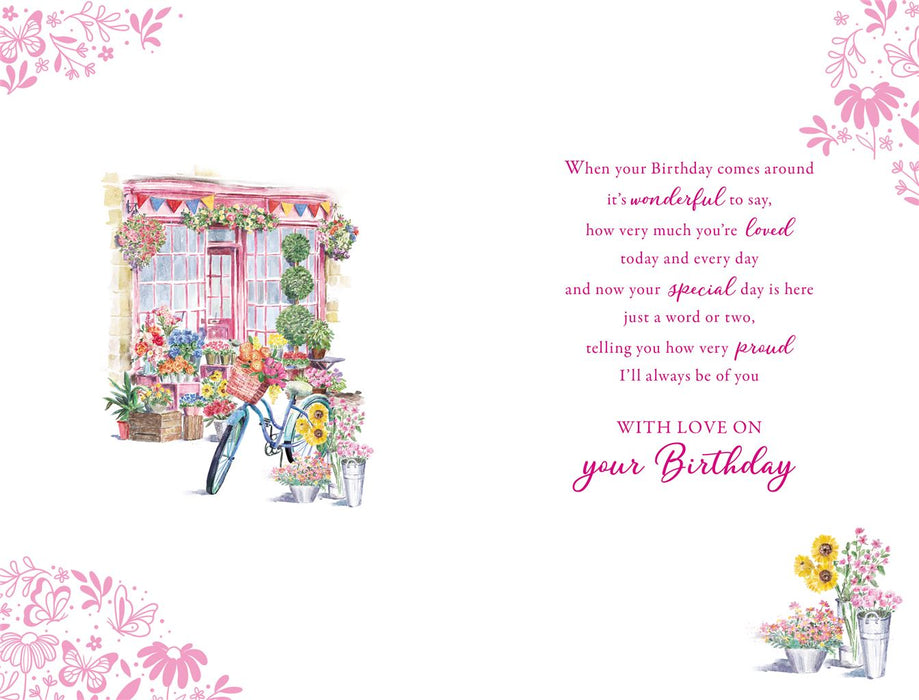 Birthday Card – Flower Shop Bicycle Street Scene Illustration