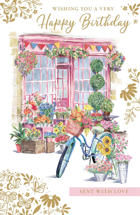 Birthday Card – Flower Shop Bicycle Street Scene Illustration