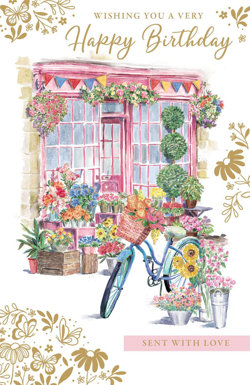 Birthday Card – Flower Shop Bicycle Street Scene Illustration