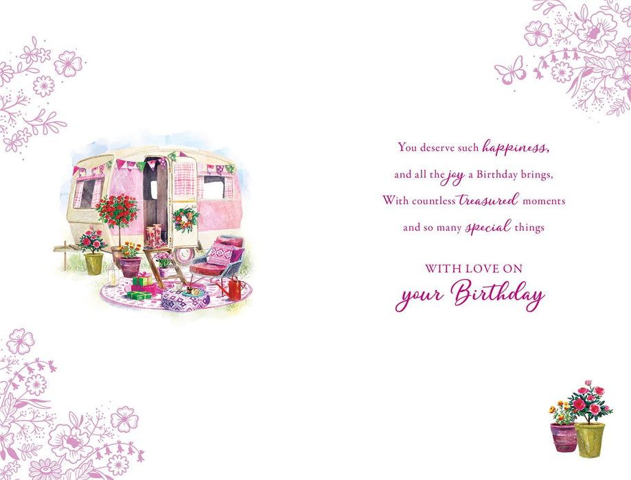 Birthday Card – Caravan Garden Scene Illustration