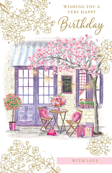 Birthday Card – Floral Café Street Scene Illustration