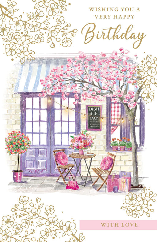 Birthday Card – Floral Café Street Scene Illustration