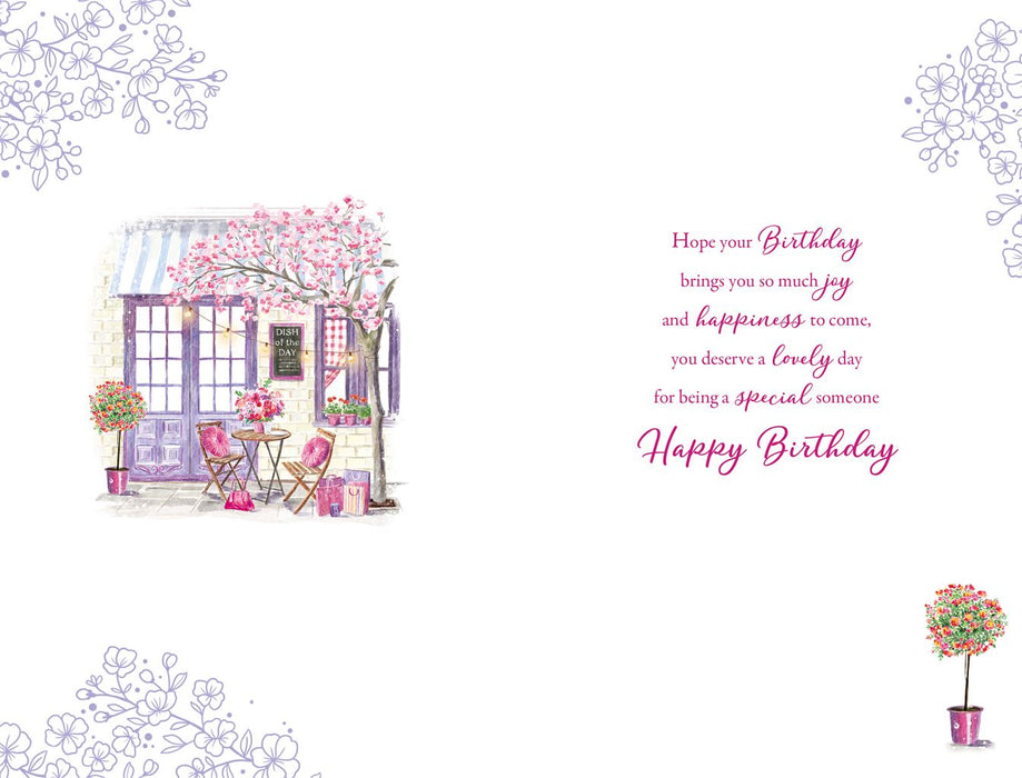 Birthday Card – Floral Café Street Scene Illustration