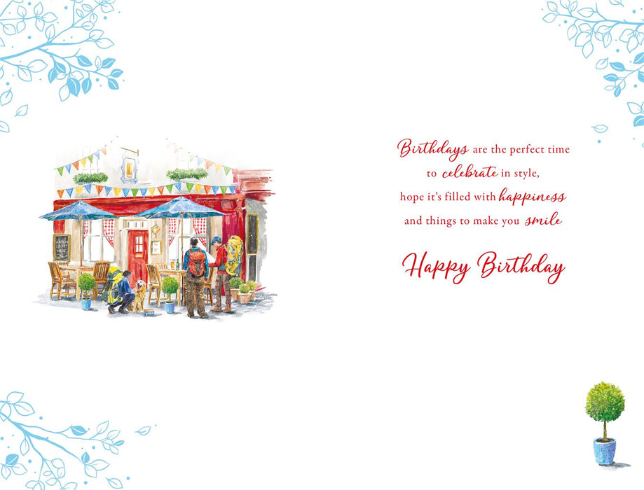 Birthday Card – Country Pub Garden Scene Illustration