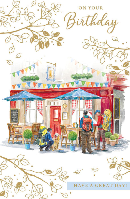 Birthday Card – Country Pub Garden Scene Illustration