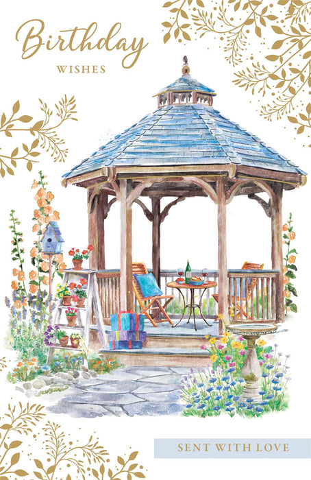 Birthday Card – Wooden Gazebo Garden Illustration