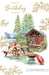 Birthday Card – Lakeside Cabin and Barbecue Scene Illustration
