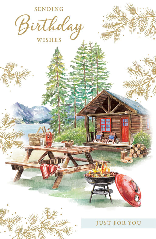 Birthday Card – Lakeside Cabin and Barbecue Scene Illustration