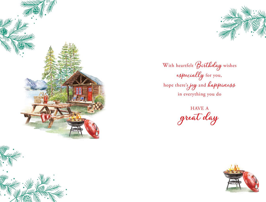 Birthday Card – Lakeside Cabin and Barbecue Scene Illustration