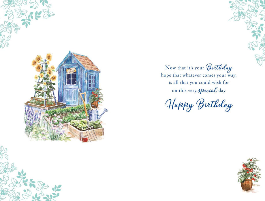 Birthday Card – Garden Shed with Sunflowers Illustration