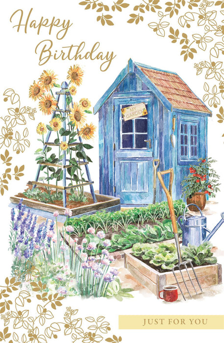 Birthday Card – Garden Shed with Sunflowers Illustration