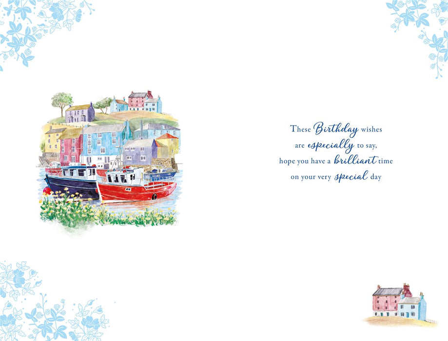 Birthday Card - Coastal Harbour Boats Illustration