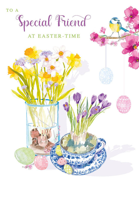 Easter Card for Special Friend – Artistic Easter Wreath with Spring Blooms