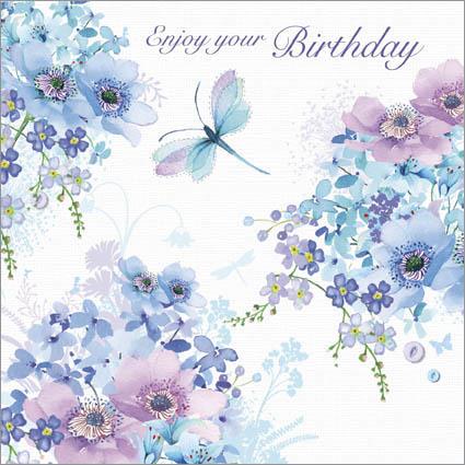 Birthday Card - Blue Flowers and Butterfly