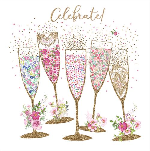 Birthday Card - Champagne Flutes Floral Sparkle