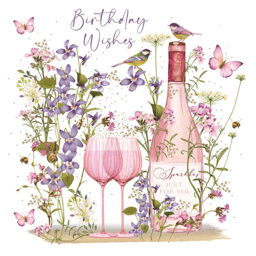 Birthday Card for Friend or Relative – Floral Wine Glass and Butterfly