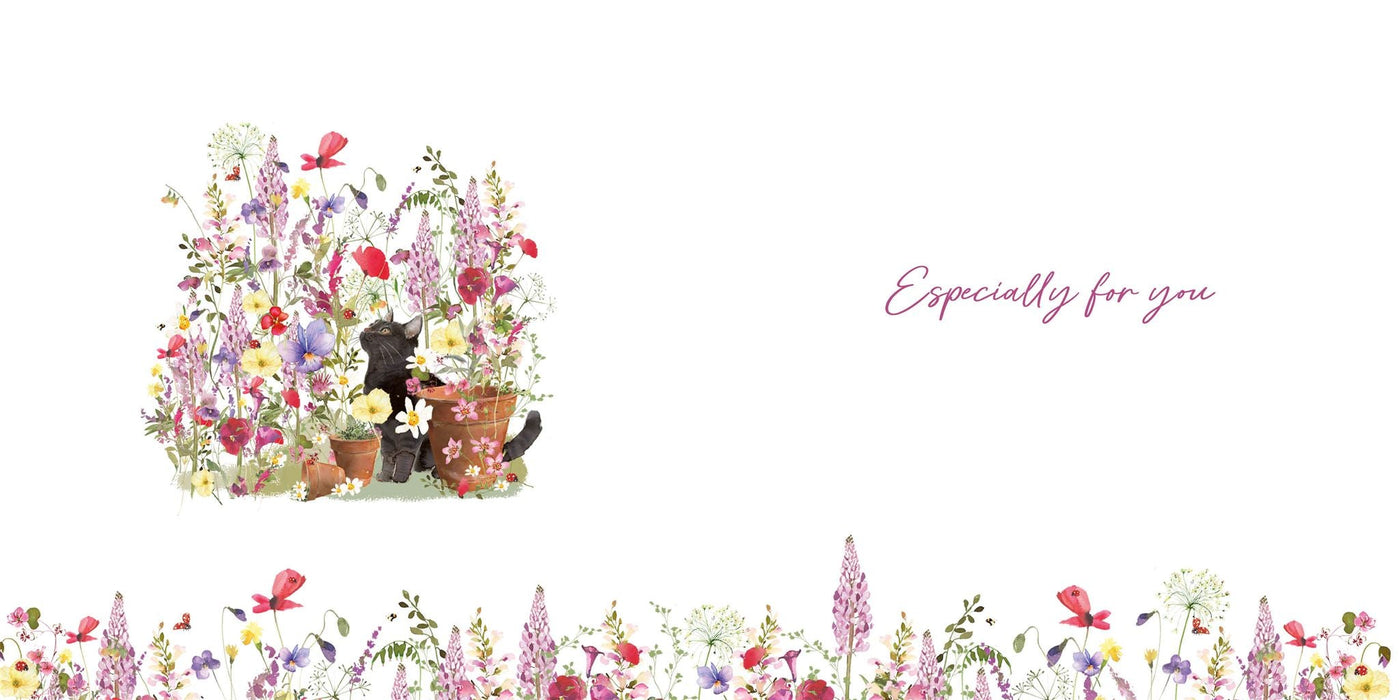Birthday Card for Friend or Relative – Cute Cat in a Garden Watering Can