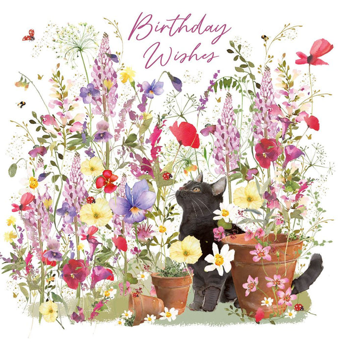 Birthday Card for Friend or Relative – Cute Cat in a Garden Watering Can