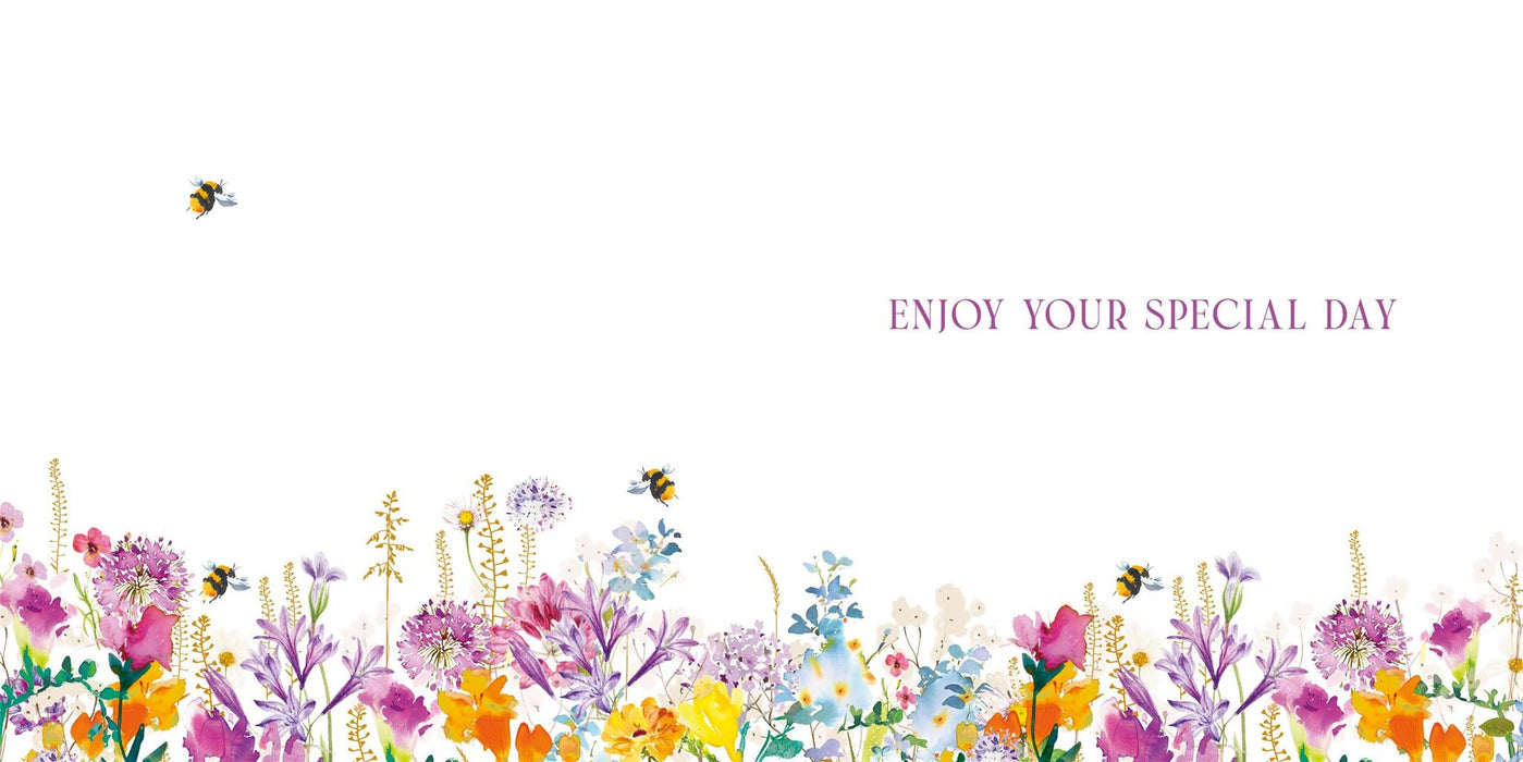 Birthday Card for Friend or Relative – Mixed Summer Flowers and Bumblebee