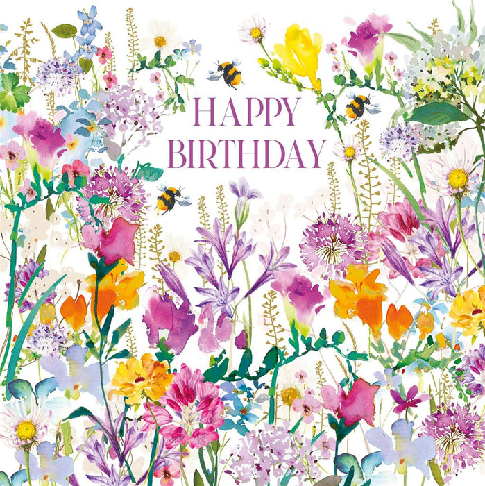 Birthday Card for Friend or Relative – Mixed Summer Flowers and Bumblebee